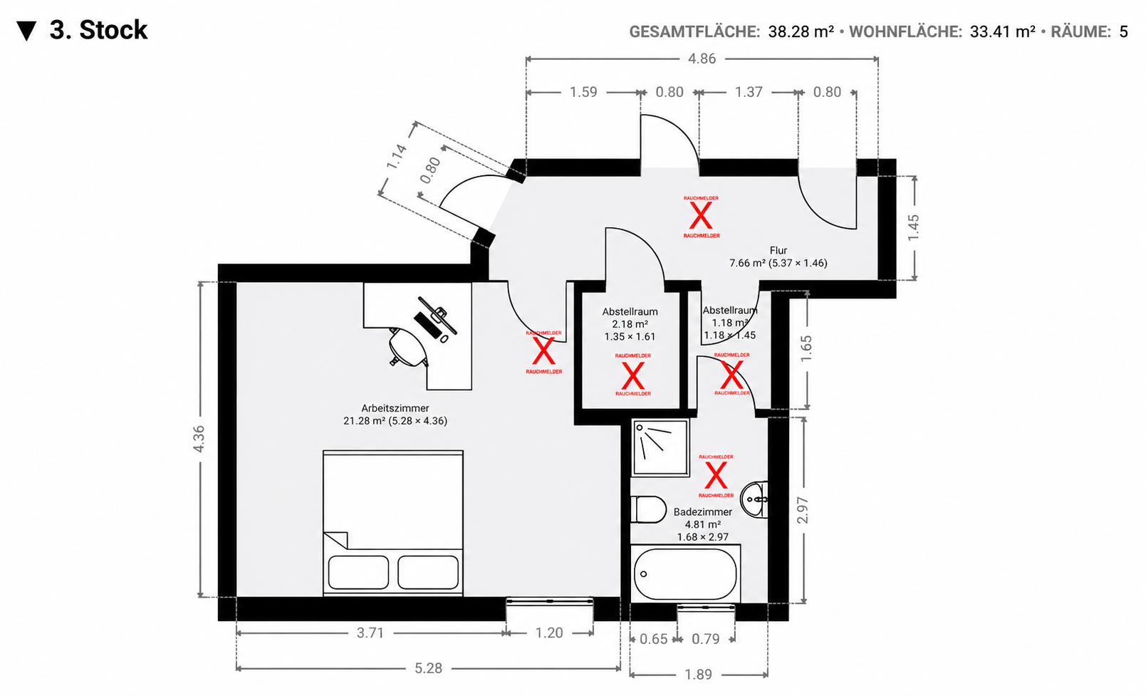 Beispiel-Grundriss einer Wohnung mit dokumentierten Messpunkten und Raumaufmaßen aus einer Schadenaufnahme