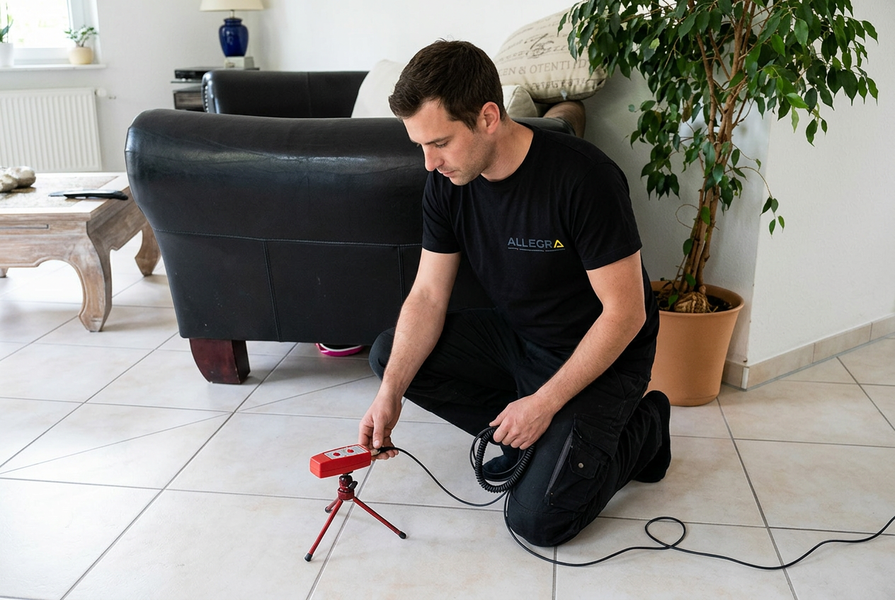 Allegra Techniker mit Allegra-Logo-T-Shirt führt akustische Leckortung mit Bodenmikrofon in einer Wohnung in Berlin durch